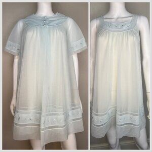 Vintage 1960s Pale Blue Peignoir Set, Nightgown Short Sleeve Robe, Shadowline XS